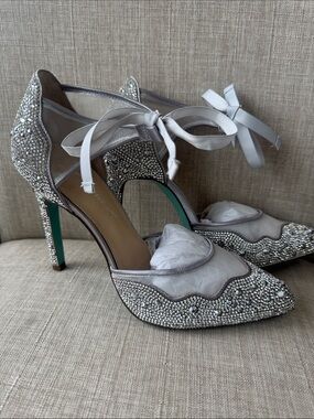 Betsey Johnson Silver Crystal Rhinestone Pointed Toe Heels with Ribbon Ankle Tie